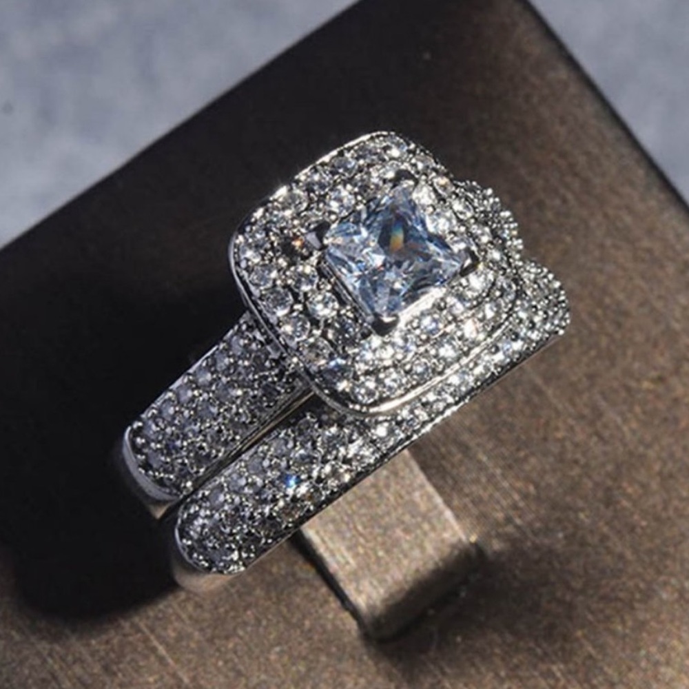 NEW 925 Sterling Silver Princess Halo Ring Set - Picture 4 of 7